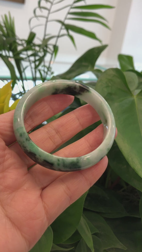 Load and play video in Gallery viewer, &amp;quot;Princess Half Round&amp;quot; Forest Green Jadeite Jade Bangle Bracelet (57.90 mm) #675
