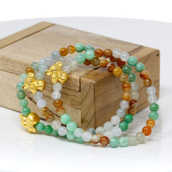 Genuine High-quality Jade Jadeite Colorful Bracelet Bangle with 24k Yellow Gold Koala Bear Charm#401