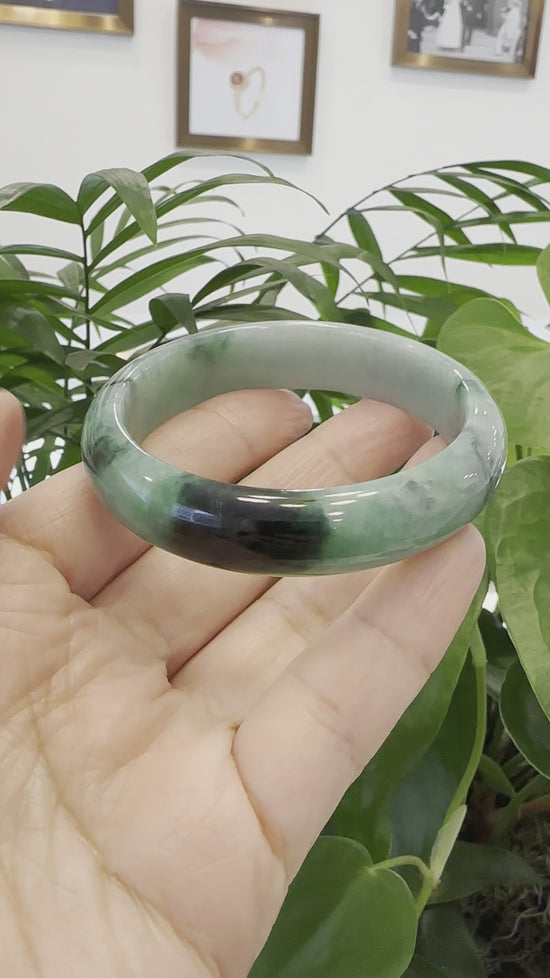 Load and play video in Gallery viewer, &amp;quot;Classic Bangle&amp;quot; Forest Green Genuine Jadeite Jade Bangle (58 mm ) #956
