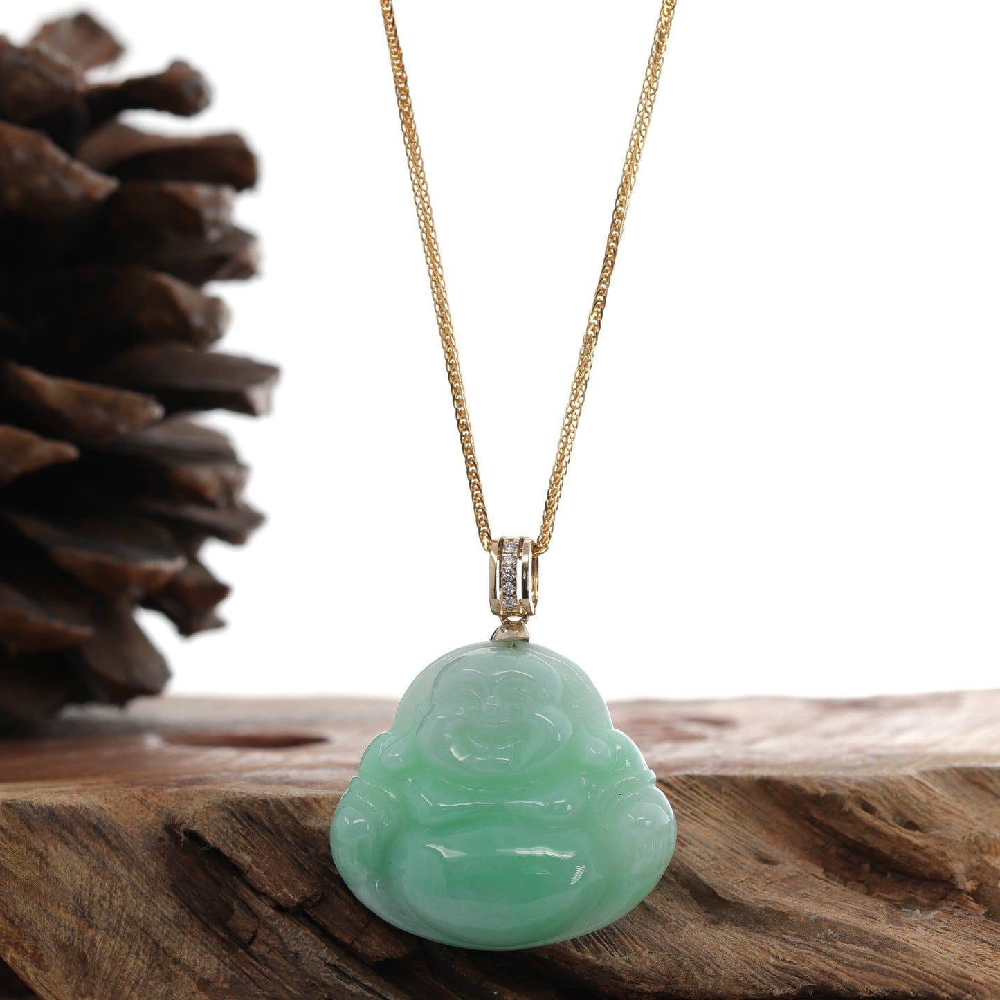 Load image into Gallery viewer, Natural Burmese Jadeite Jade &amp;quot;Laughing Buddha&amp;quot; With 14k Yellow VS1 Diamond Bail
