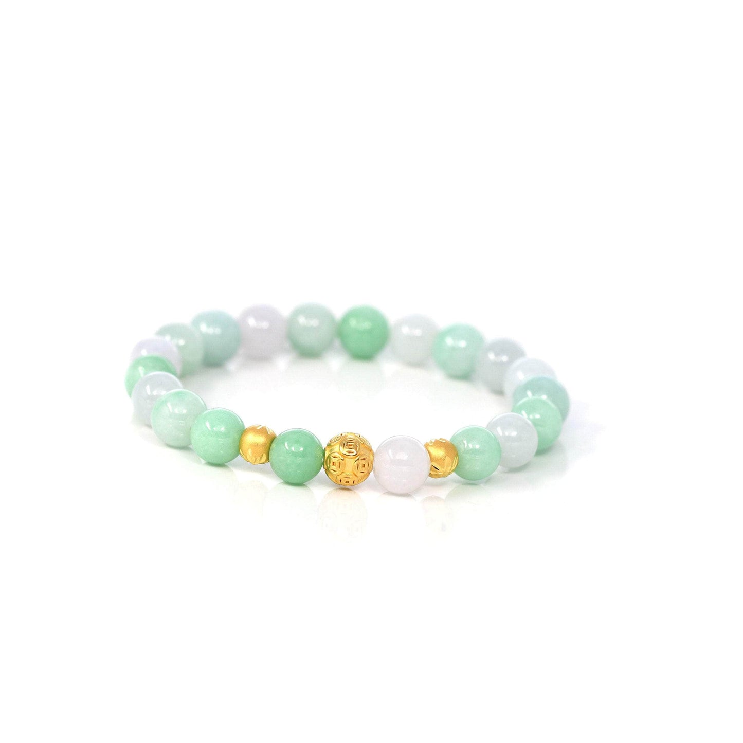Load image into Gallery viewer, 24K Pure Yellow Gold Money Beads With Genuine Green Jade Round Beads Bracelet ( 9 mm )
