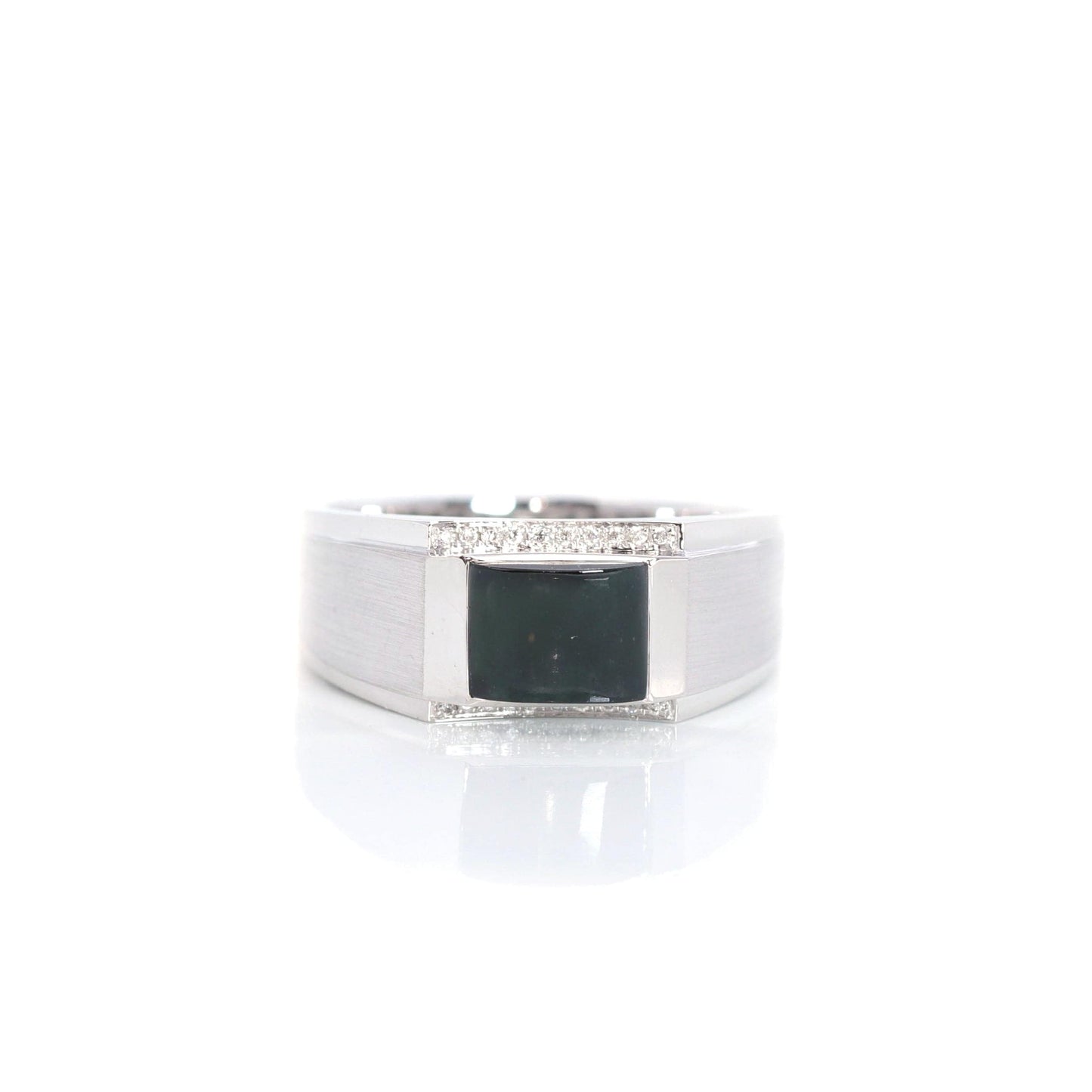 RealJade® "Classic Emerald Style" Genuine Burmese Emerald Cut Black Jadeite Jade Engagement Ring