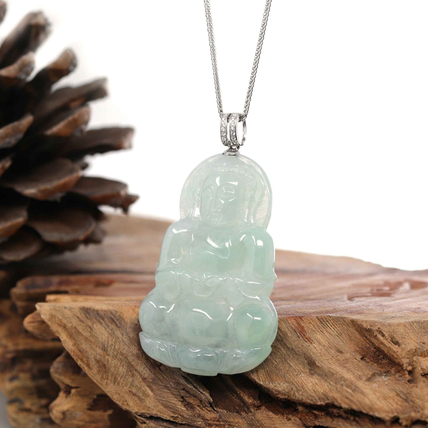 Load image into Gallery viewer, RealJade® 14k &amp;quot;Goddess of Compassion&amp;quot; Genuine Burmese Jadeite Jade Guanyin Pendant With VS1 Diamond Bail
