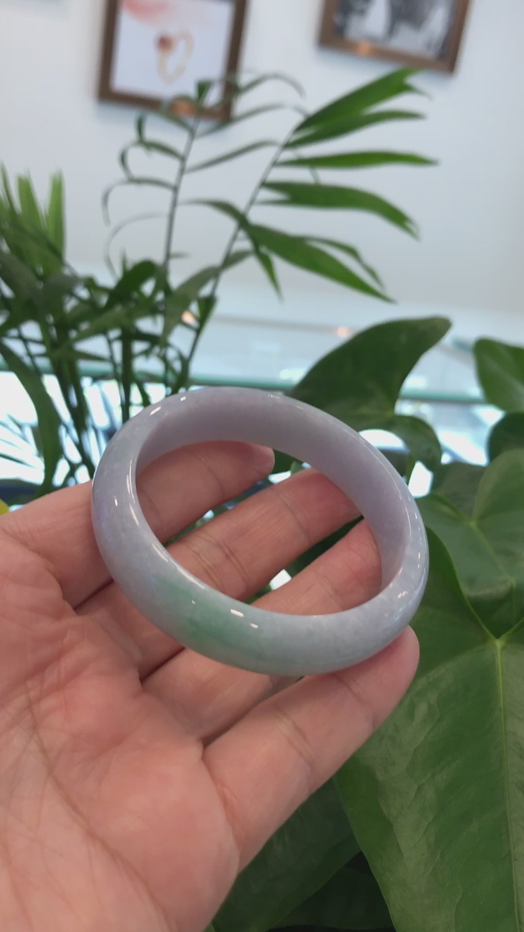Load and play video in Gallery viewer, RealJade® Co. Natural Lavender- Green Jadeite Jade Bangle Bracelet (56.24 mm) #724
