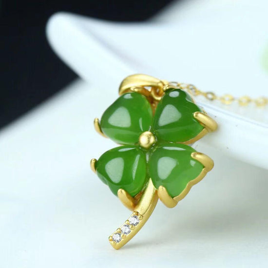 RealJade® Sterling Silver Real Green Nephrite Jade Four Leaf Clover Pendant Necklace