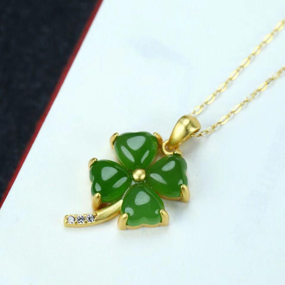 RealJade® Sterling Silver Real Green Nephrite Jade Four Leaf Clover Pendant Necklace