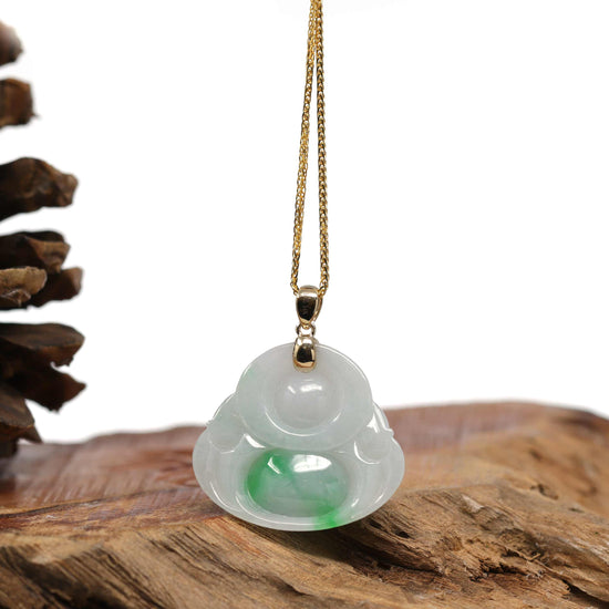 Load image into Gallery viewer, RealJade® &amp;quot;Laughing Buddha&amp;quot; Genuine Green Jadeite Buddha Pendant Necklace With 14k Yellow Gold Bail
