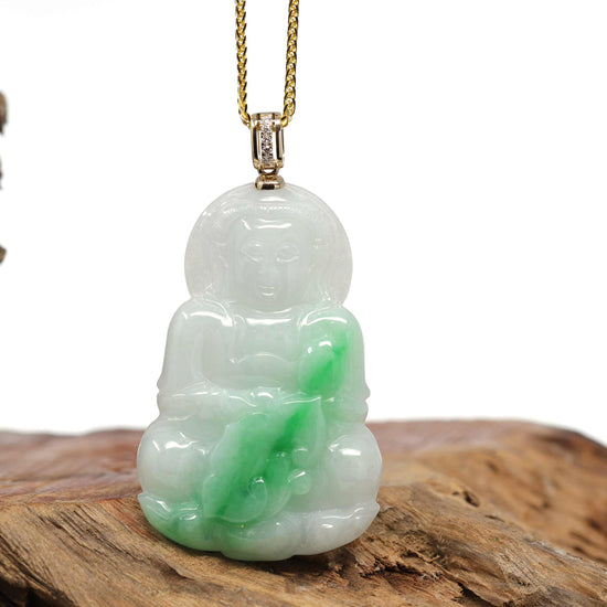 Load image into Gallery viewer, RealJade® 14k &amp;quot;Goddess of Compassion&amp;quot; Genuine Burmese Jadeite Jade Guanyin Necklace With Diamond Bail
