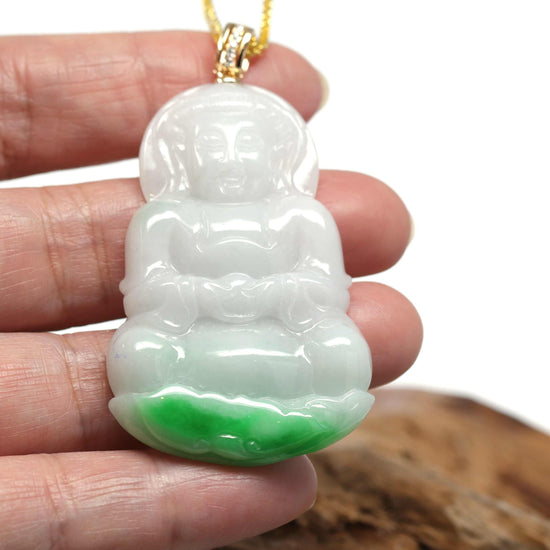 Load image into Gallery viewer, RealJade® 14k &amp;quot;Goddess of Compassion&amp;quot; Genuine Burmese Jadeite Jade Guanyin Necklace With Diamond Bail
