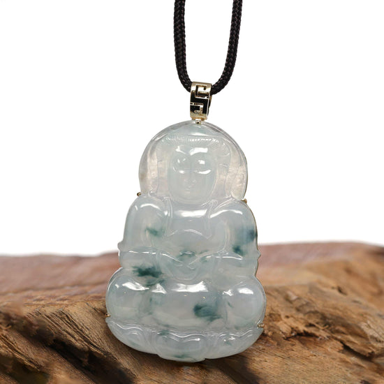 Load image into Gallery viewer, RealJade® 14k &amp;quot;Goddess of Compassion&amp;quot; Genuine Burmese Jadeite Jade Guanyin Necklace With Good Luck Design
