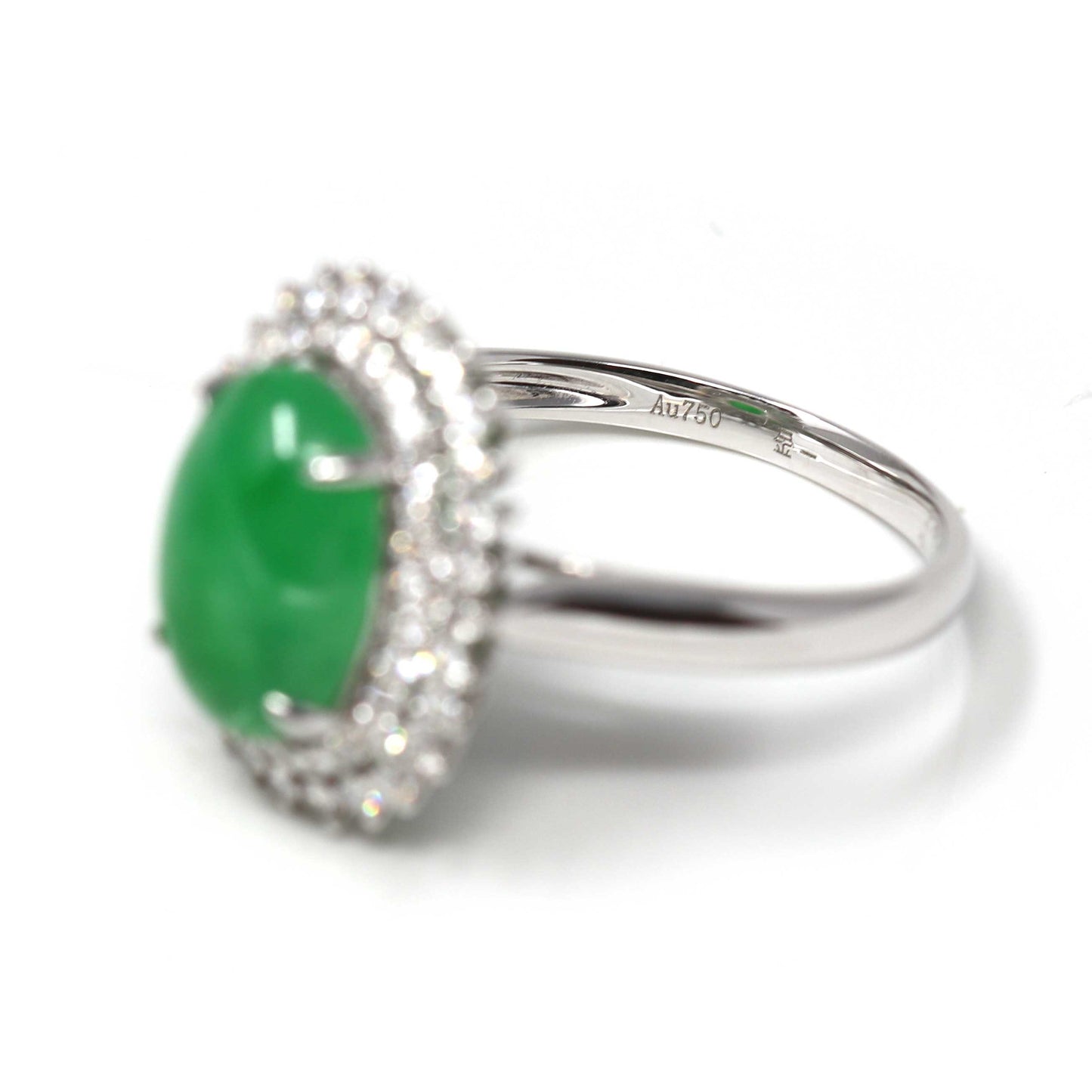 RealJade™ Signature Double Halo 18k White Gold Natural Imperial Green Jadeite Jade Engagement Ring JR23