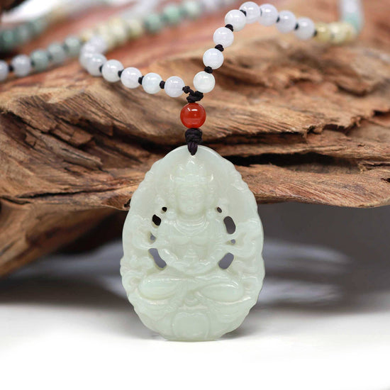 RealJade® "Goddess of Compassion: Guan Yin" Genuine HeTian White Nephrite Jade GuanYin Carving Pendant Necklace