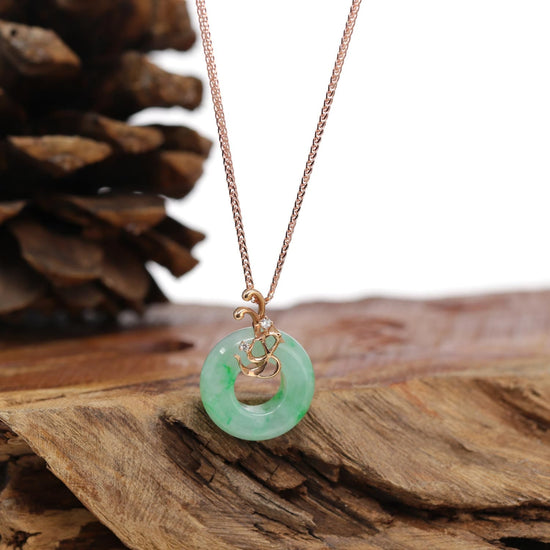 Load image into Gallery viewer, RealJade® &amp;quot;Good Luck Birdie&amp;quot; 18k Rose Gold Genuine Burmese Jadeite Lucky Pendant Necklace With AA Ruby &amp;amp; Diamond, Real Jade Jewelry, Happy Valley, Oregon, RealJade® Co.
