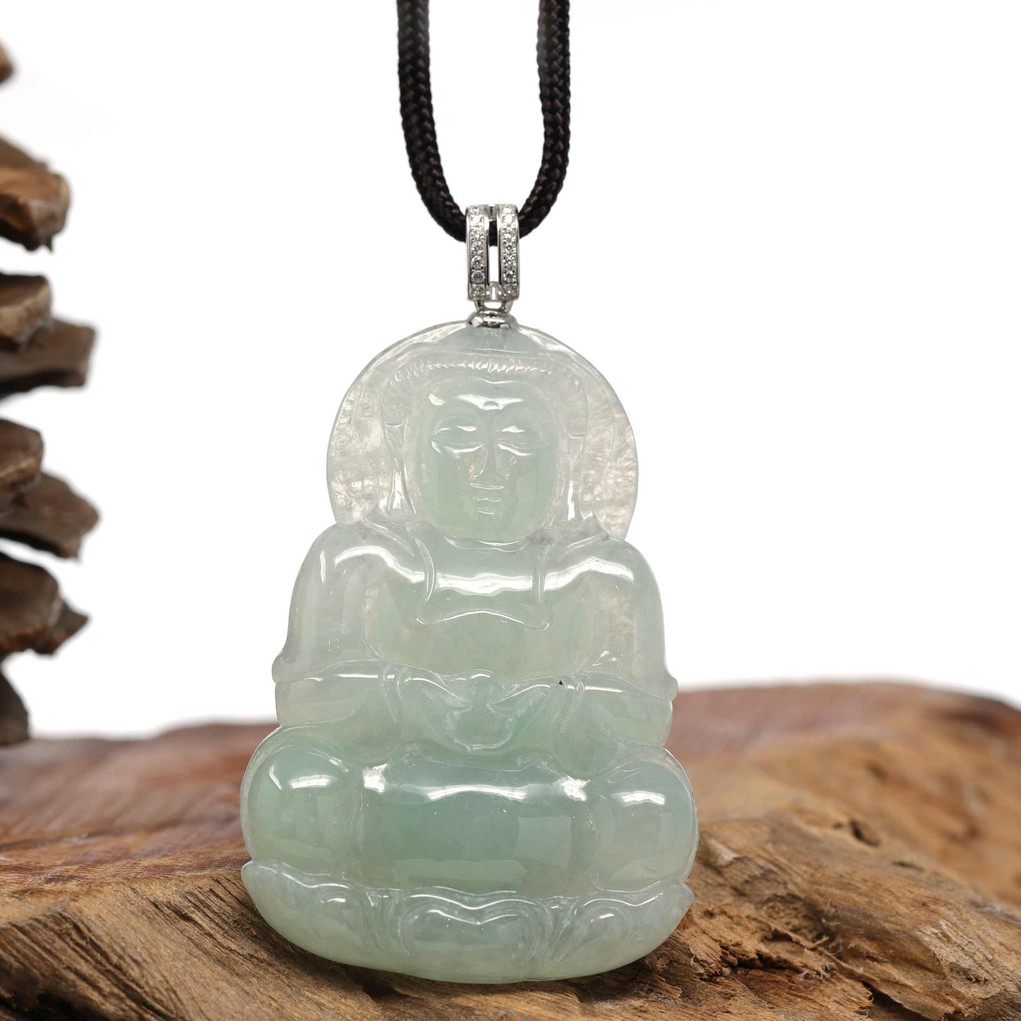 RealJade® 14k "Goddess of Compassion" Genuine Burmese Jadeite Jade Guanyin Necklace With Good Luck Design