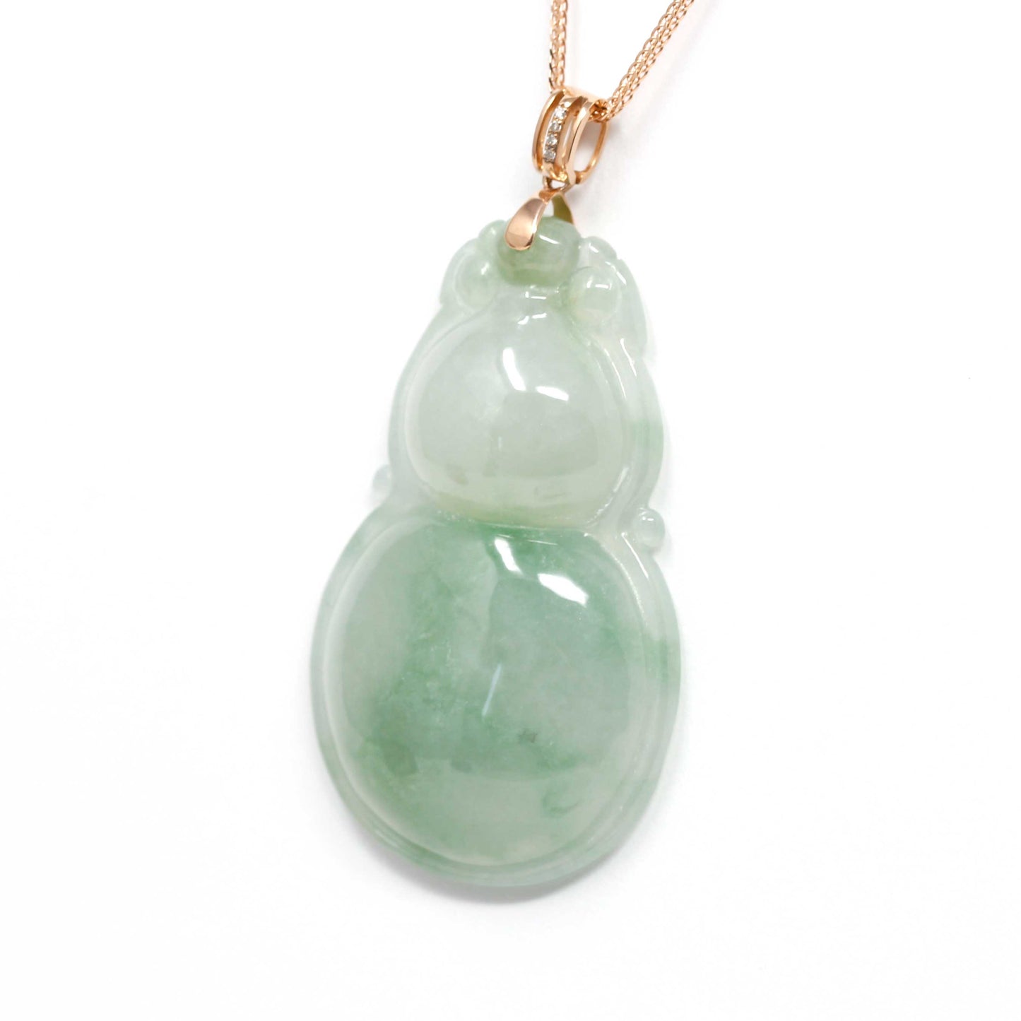 Genuine Green Jadeite Bottle Gourd Pendant Necklace With 18k Rose Gold Diamond Bail