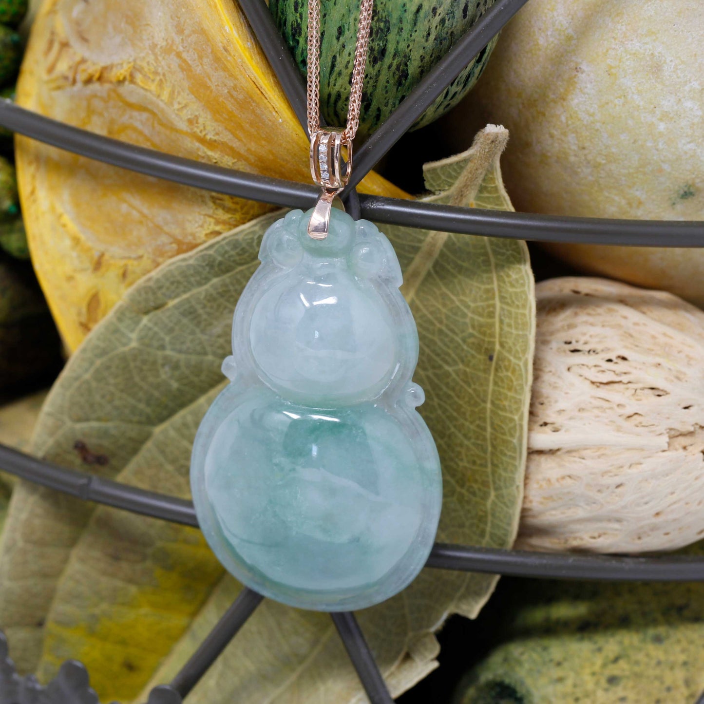 Genuine Green Jadeite Bottle Gourd Pendant Necklace With 18k Rose Gold Diamond Bail