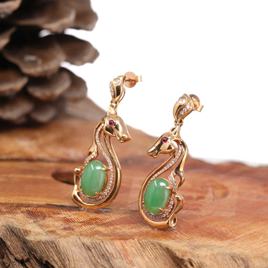 Load image into Gallery viewer, 18k Rose Gold Genuine Jadeite Jade Golden Horse Earrings &amp;amp; Diamond
