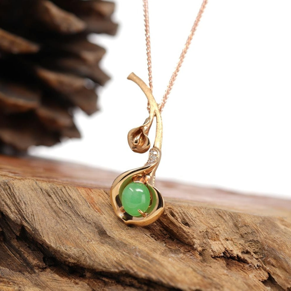 RealJade® "Good Luck Birdie" 18k Rose Gold Genuine Burmese Jadeite Lucky Pendant Necklace With AA Ruby & Diamond