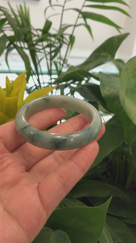 Load and play video in Gallery viewer, &amp;quot;Classic Half Round&amp;quot; Forest Green Jadeite Jade Bangle Bracelet (52.36 mm) #708
