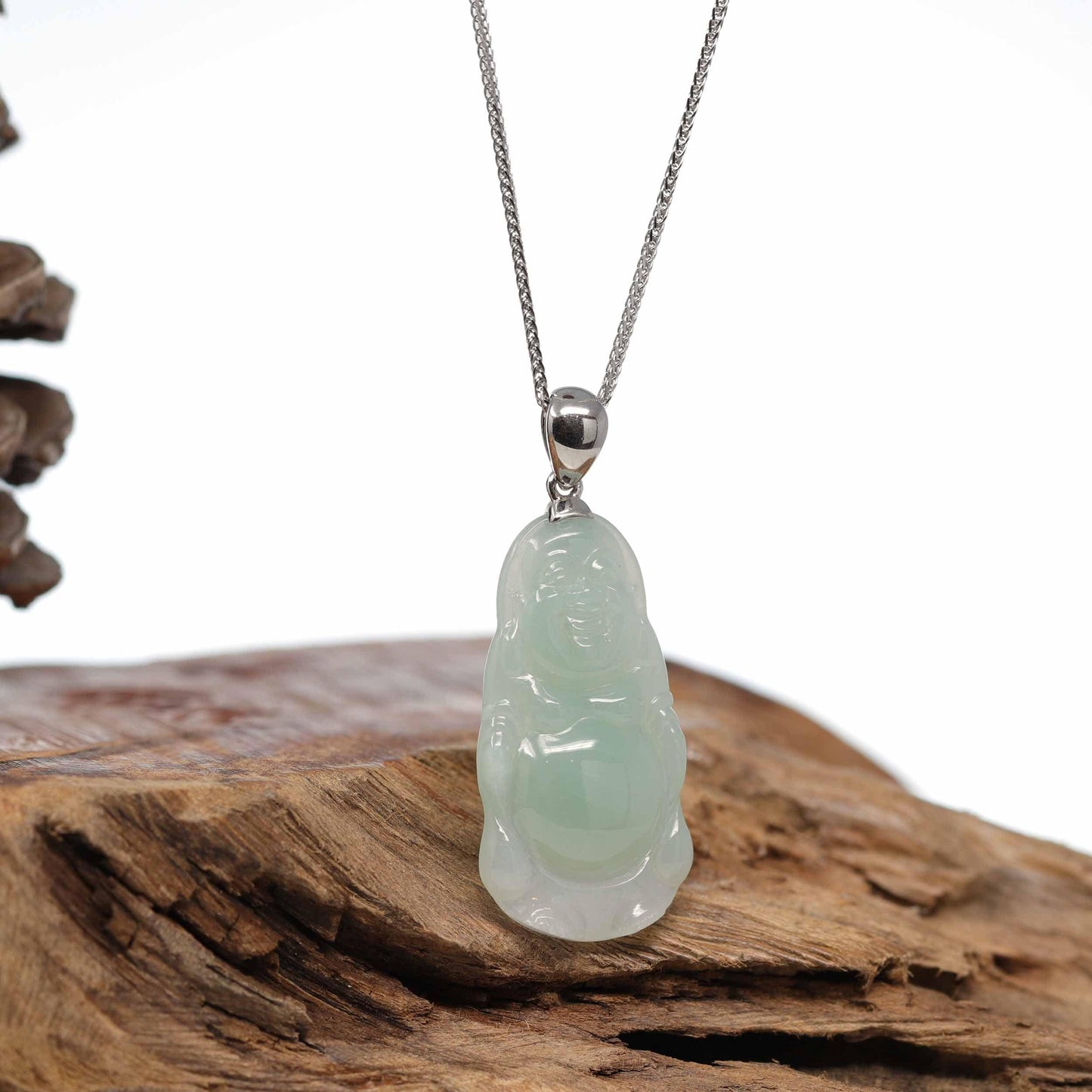RealJade¨ Co.™ "Laughing Buddha" Genuine Green Jadeite Jade Buddha Pendant Necklace With Strong Silver  Bail