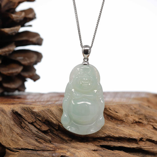Load image into Gallery viewer, RealJade® Co. &amp;quot;Standing Buddha&amp;quot; Genuine Green Jadeite Buddha Pendant Necklace With Silver  Bail
