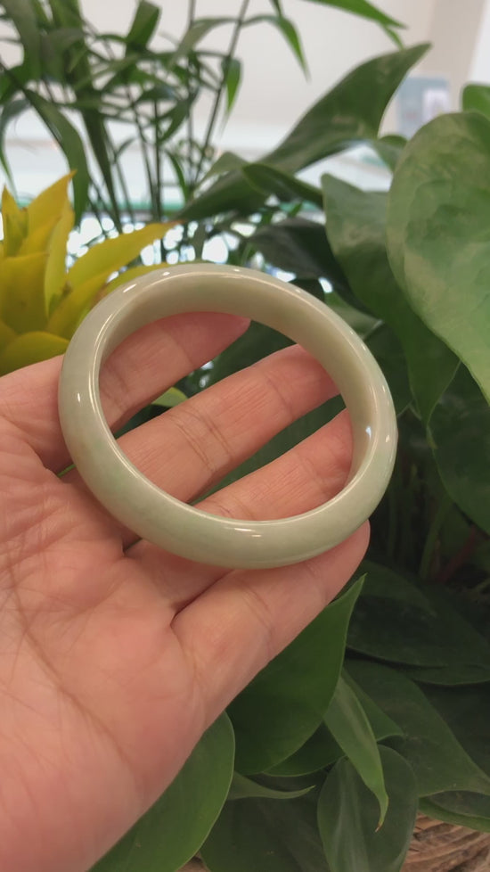 Load and play video in Gallery viewer, &amp;quot;Princess Half Round&amp;quot; Yellow - Green Genuine Burmese Jadeite Jade Bangle Bracelet (58.49 mm) #720
