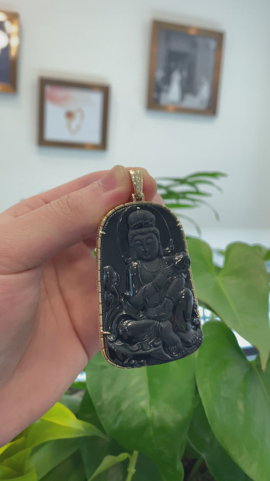 Load and play video in Gallery viewer, RealJade® Co. 14k Yellow Gold &amp;quot;Goddess of Compassion&amp;quot; Genuine Black Burmese Jadeite Jade Guanyin Necklace With Gold Bail
