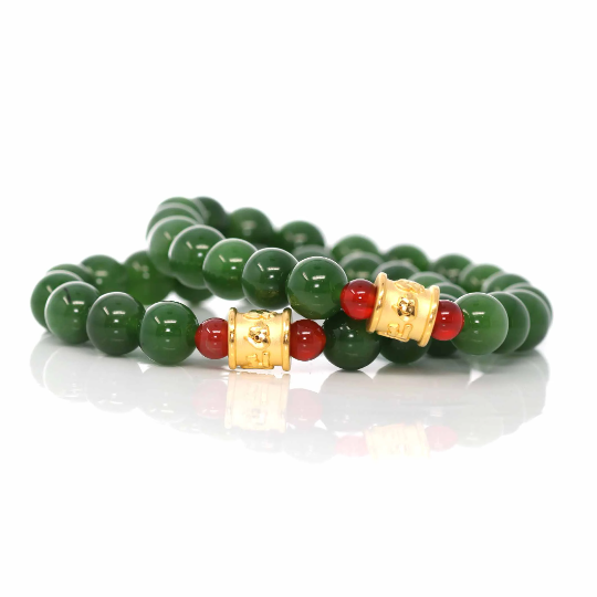 24K Pure Yellow Gold Buddha Symbol Tongtong With Genuine Green Jade Round Beads Bracelet Bangle ( 9.5 mm )
