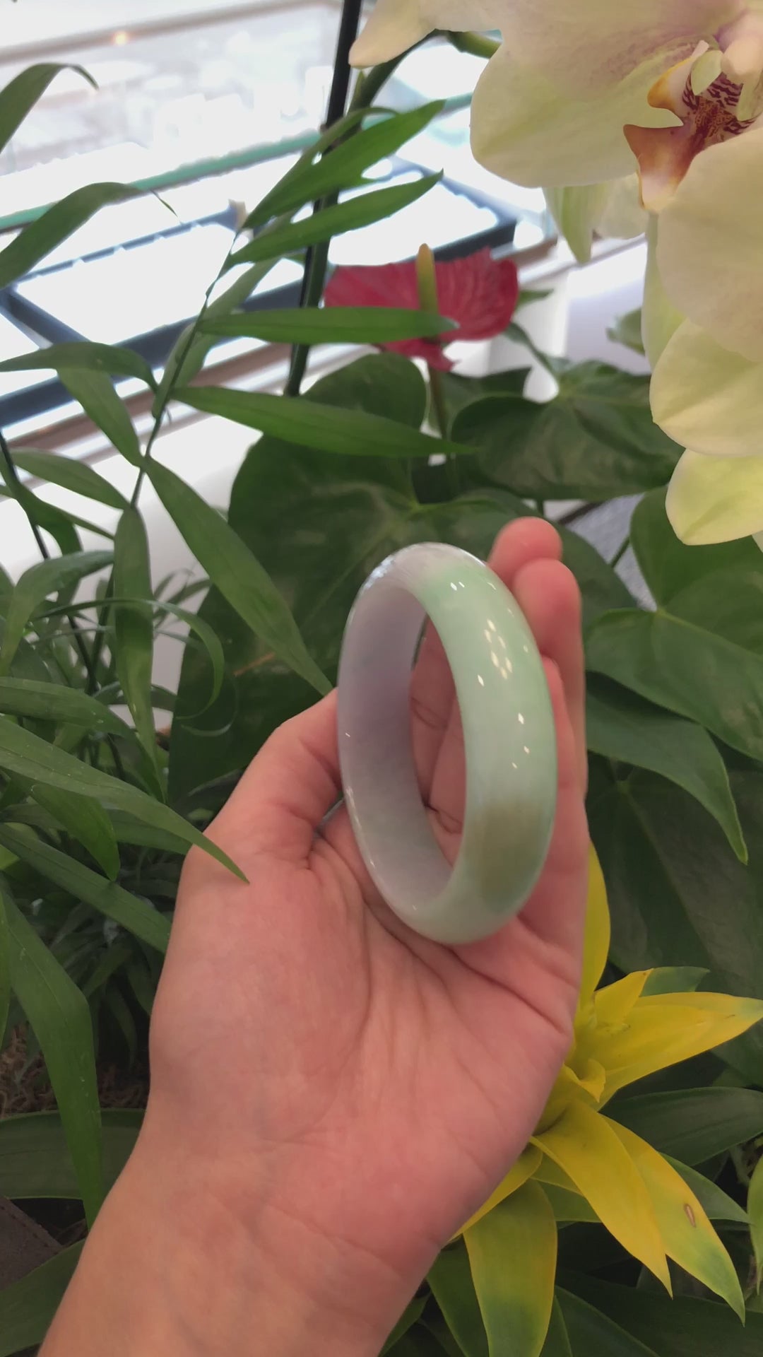 Load and play video in Gallery viewer, High-quality Lavender-Green Natural Burmese Jadeite Jade Bangle (57.12 mm ) #325
