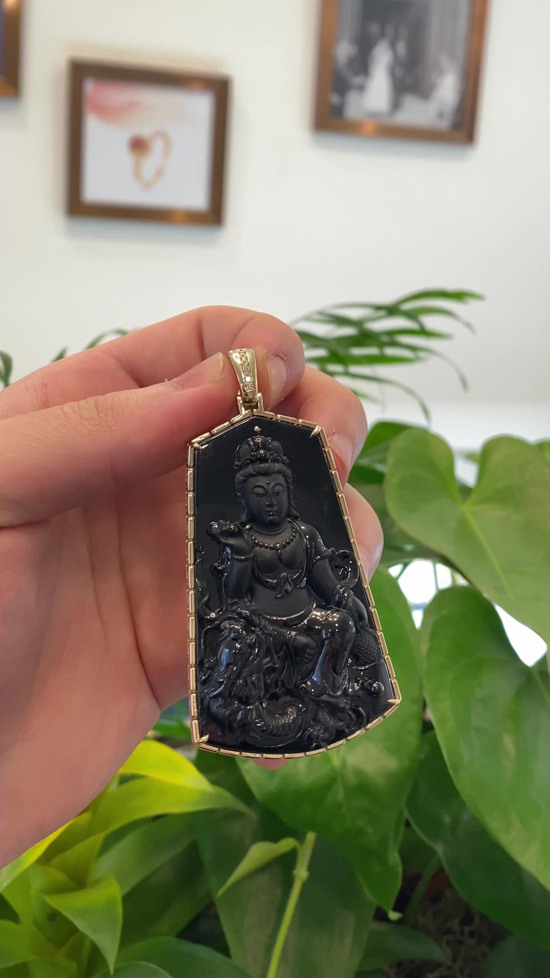 Load and play video in Gallery viewer, RealJade® Co. 14k Yellow Gold &amp;quot;Goddess of Compassion&amp;quot; Genuine Black Burmese Jadeite Jade Guanyin Necklace With Gold Bail
