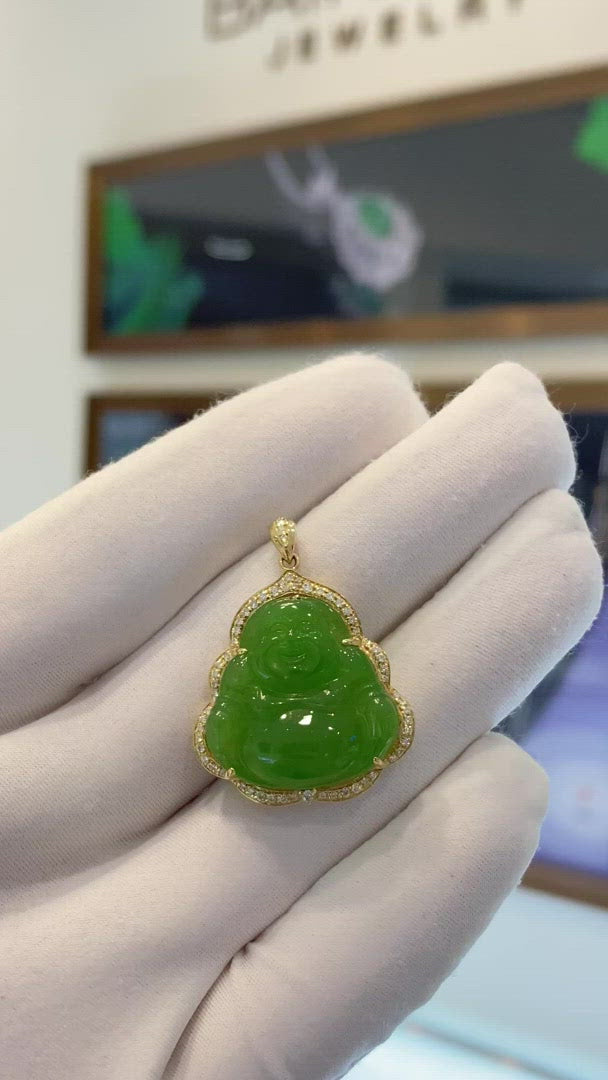 Load and play video in Gallery viewer, RealJade® &amp;quot;Laughing Buddha&amp;quot; 14k Gold Genuine Nephrite Apple Green Jade with Diamonds Buddha Pendant Necklace High-end Collectable
