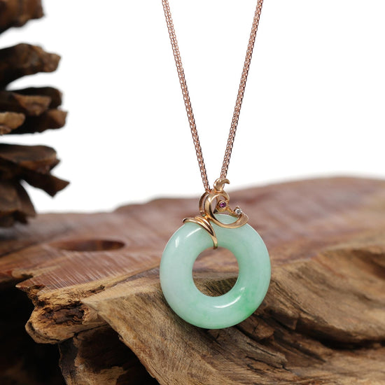 Load image into Gallery viewer, RealJade® &amp;quot;Good Luck Birdie&amp;quot; 18k Rose Gold Genuine Burmese Jadeite Lucky Pendant Necklace With AA Ruby &amp;amp; Diamond
