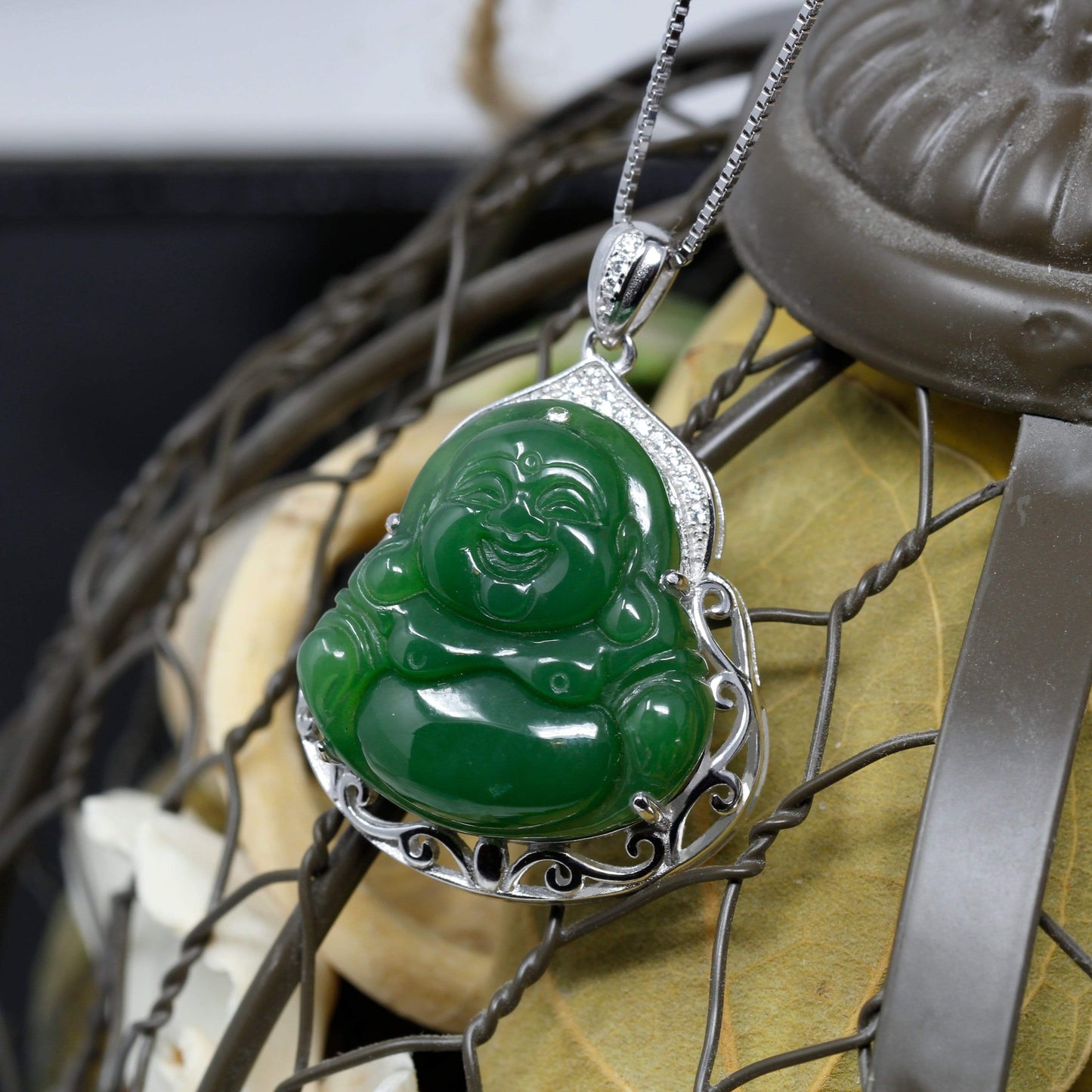 Vintage Carved Jade Laughing Buddha Pendant with 14K Yellow Gold Chain -  Ruby Lane
